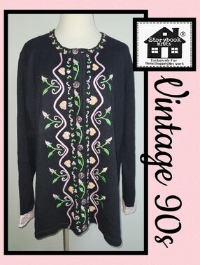 Storybook Knits Embroidered Hearts Flowers Long Sweater Cardigan L XL VTG 90s